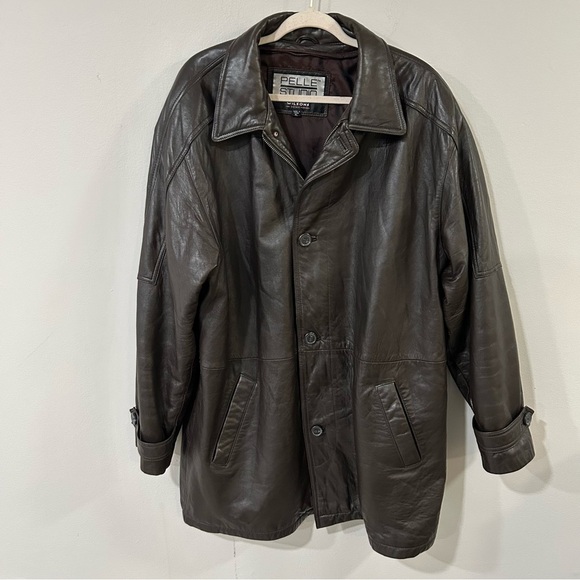 Wilson’s Leather Pelle Studio Brown Heavy Jacket Zip Up Button Men’s Size XL - Picture 1 of 6